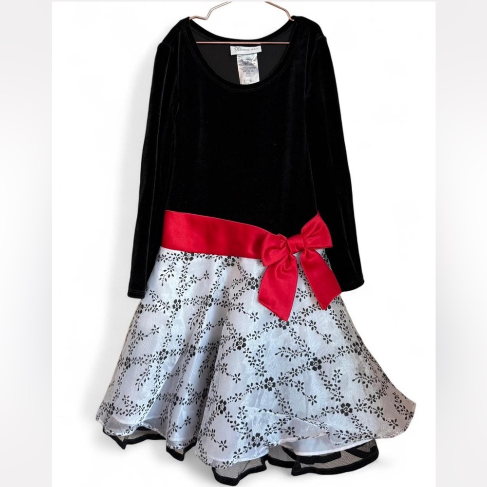 Bonnie Jean Girl Size 6 Holiday Velvet Long Sleeve Dress White Red & Black‎